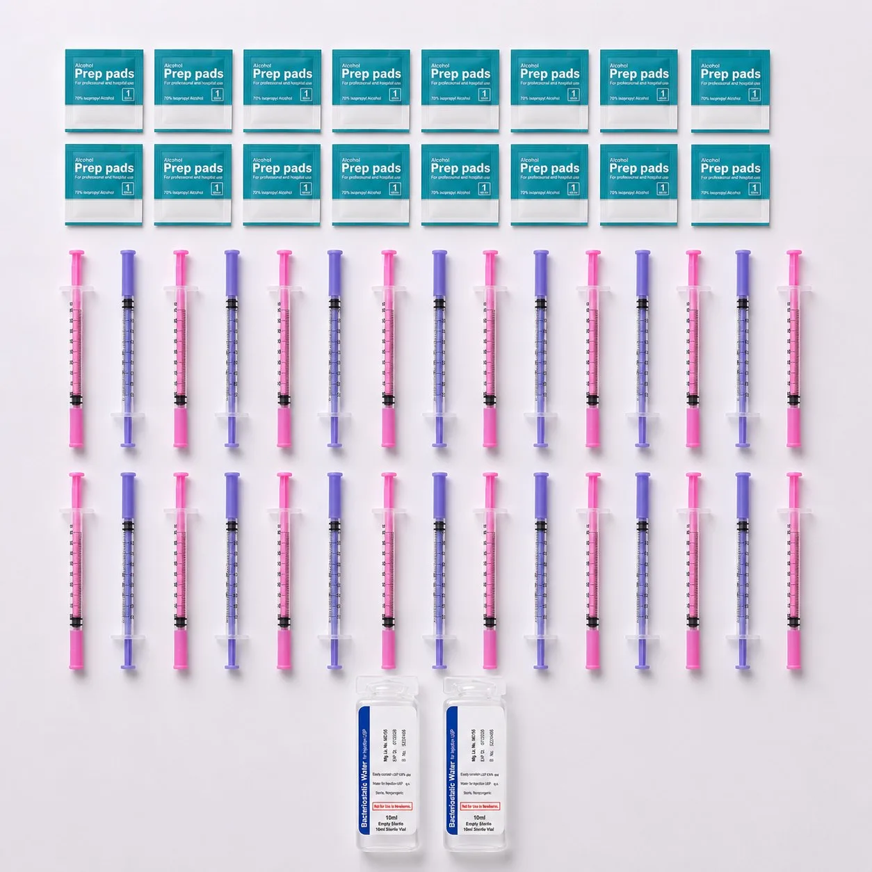 Full stack research supply pack with syringes, alcohol swabs and bacteriostatic water